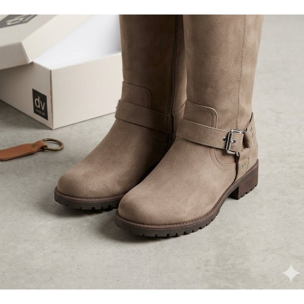 DV Dolce Vita Women Taupe Faux Suede Moto Buckle Mid‎ Calf Boots